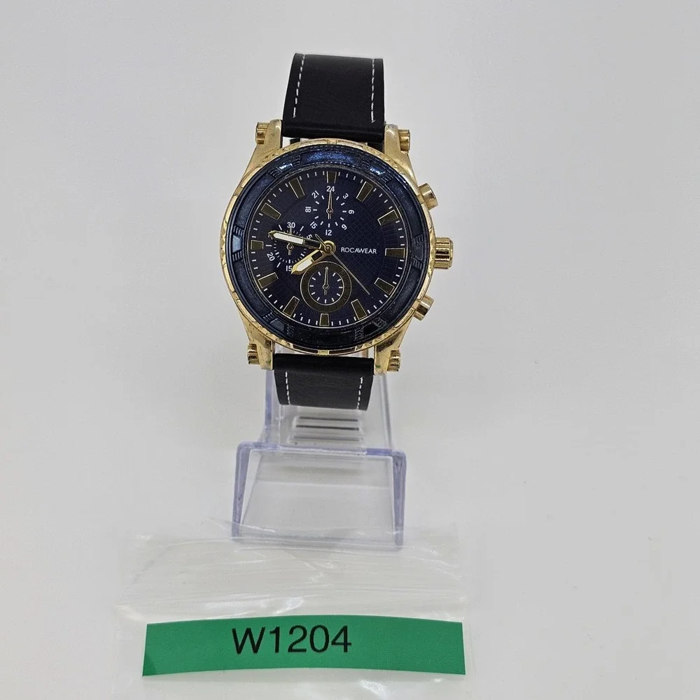 Rocawear Men's Watch 46MM Blue Dial NEW Black Faux‎ Leather Bands NEW Battery